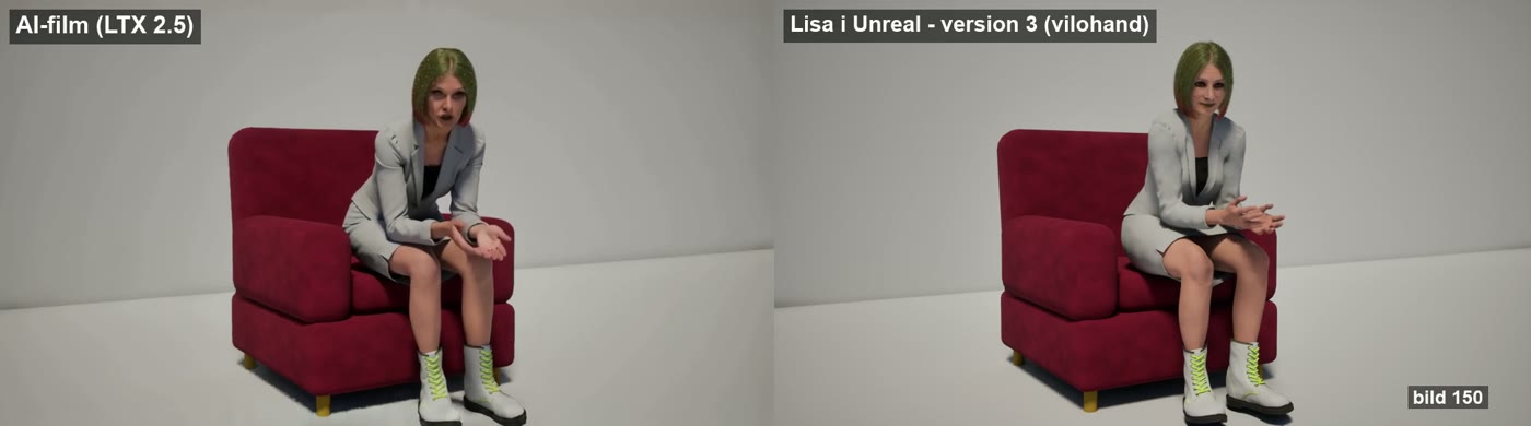 Till vänster AI-filmen där kvinnan lutar sig fram med händerna framför knäna. Till höger Lisa i Unreal i samma pose, i samma fåtölj och från samma vinkel.