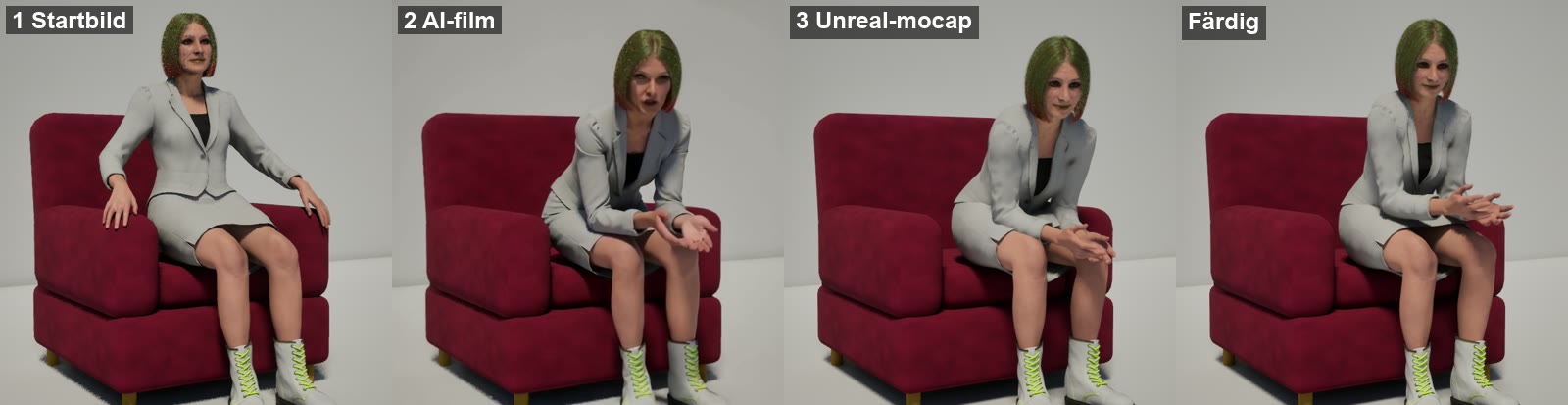 Fyra bilder i rad: startbilden där Lisa sitter upprätt med händerna på armstöden, AI-filmen där hon lutar sig fram, Unreals råa mocap och den färdiga animationen.
