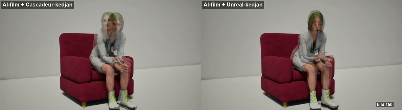 Två genomskinliga överlägg på AI-filmen. Till vänster Cascadeur-kedjan, där huvud och kropp syns dubbelt. Till höger Unreal-kedjan, som nästan blir en enda bild.